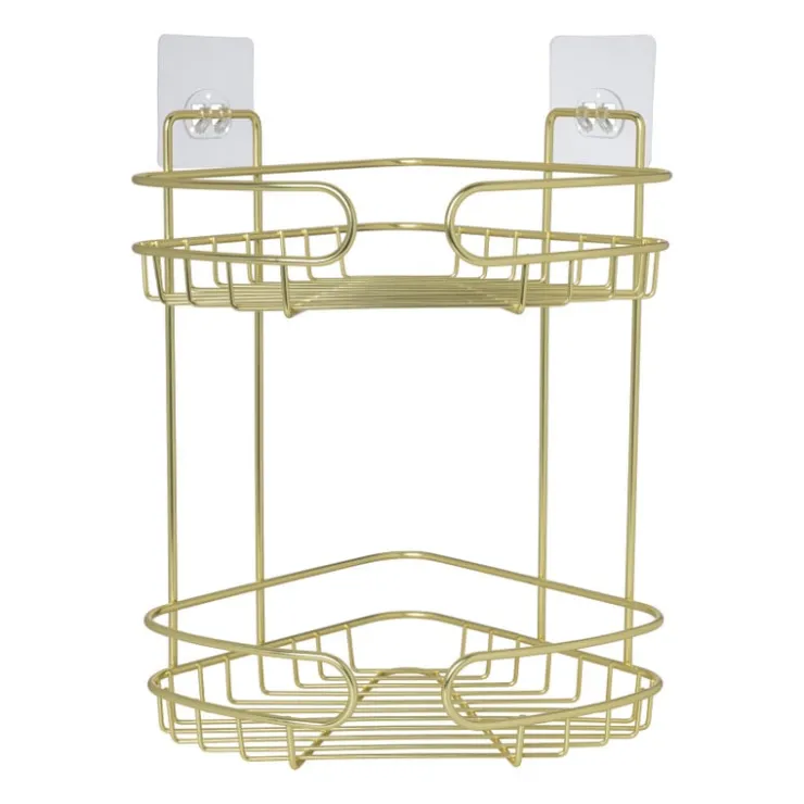 Xenos Badkamerrek hoek dubbel - goudkleurig - 21.5x21.5x34 cm- Badkamer Accessoires|Doucherekjes
