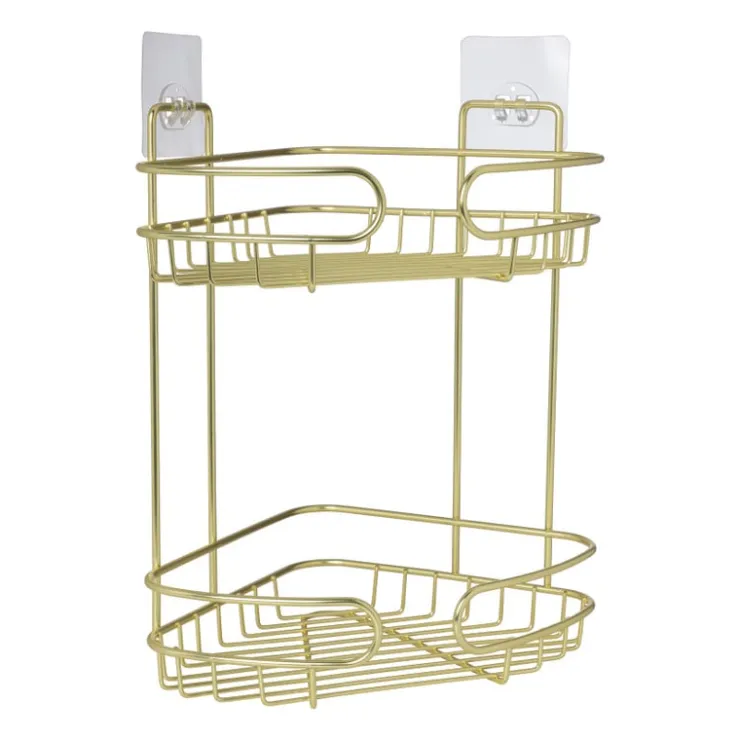 Xenos Badkamerrek hoek dubbel - goudkleurig - 21.5x21.5x34 cm- Badkamer Accessoires|Doucherekjes