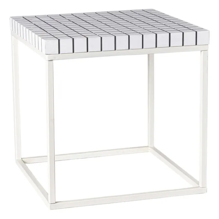 Xenos Bijzettafel checks met metalen frame - wit - 36x36x36 cm- Bijzettafels