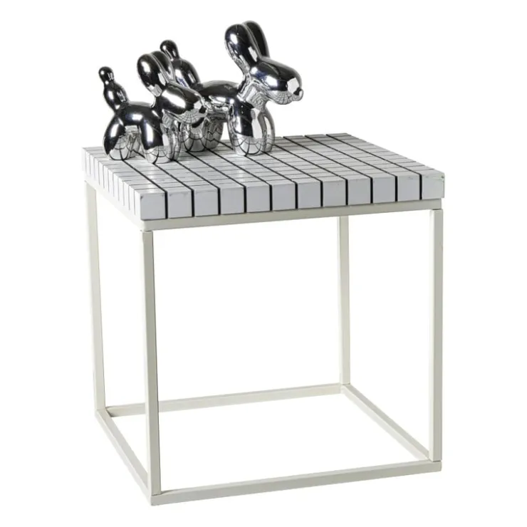 Xenos Bijzettafel checks met metalen frame - wit - 36x36x36 cm- Bijzettafels