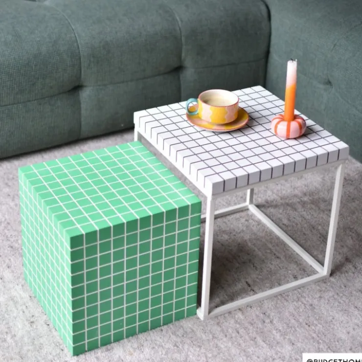 Xenos Bijzettafel checks met metalen frame - wit - 36x36x36 cm- Bijzettafels