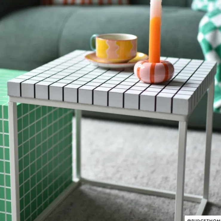 Xenos Bijzettafel checks met metalen frame - wit - 36x36x36 cm- Bijzettafels