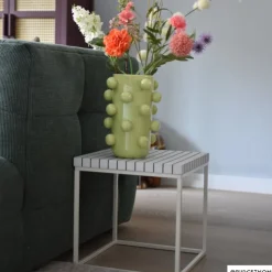 Xenos Bijzettafel checks met metalen frame - wit - 36x36x36 cm- Bijzettafels