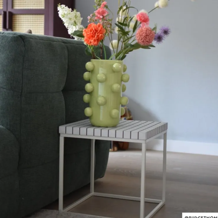 Xenos Bijzettafel checks met metalen frame - wit - 36x36x36 cm- Bijzettafels