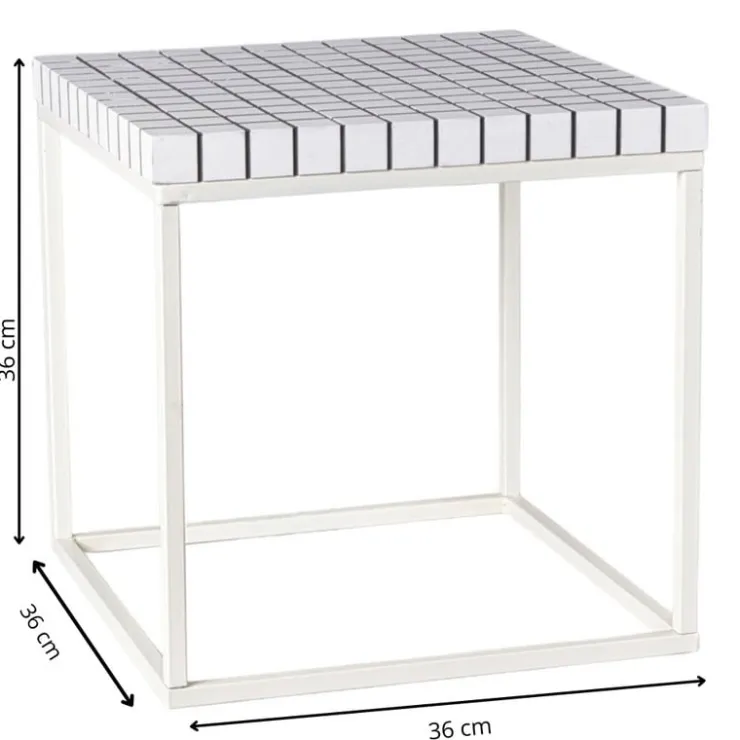Xenos Bijzettafel checks met metalen frame - wit - 36x36x36 cm- Bijzettafels