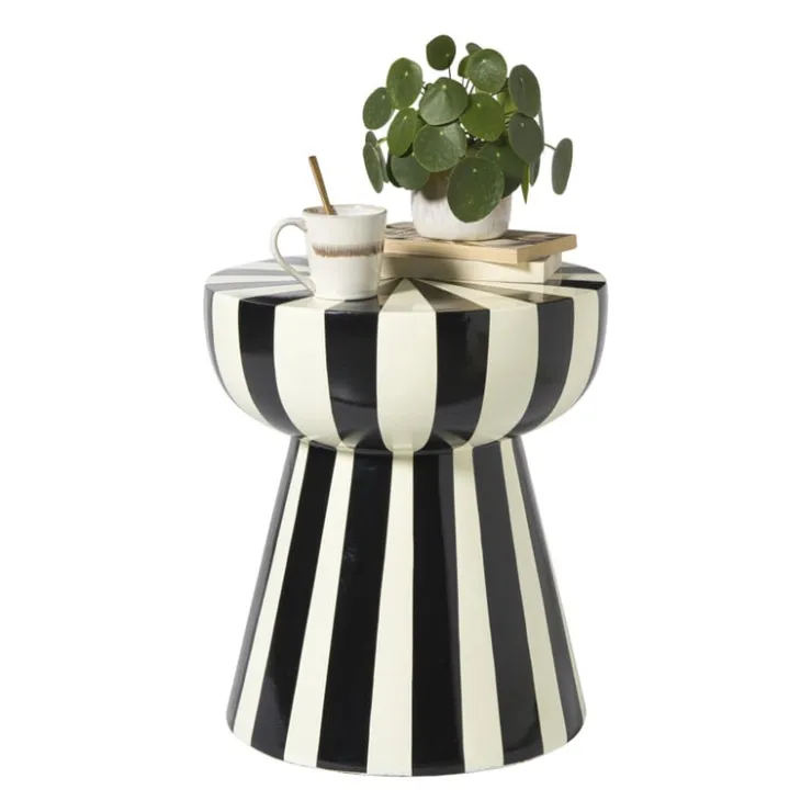 Xenos Bijzettafel stripes - beige/zwart - ø40x45 cm- Bijzettafels