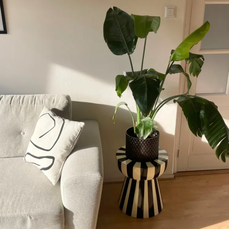 Xenos Bijzettafel stripes - beige/zwart - ø40x45 cm- Bijzettafels
