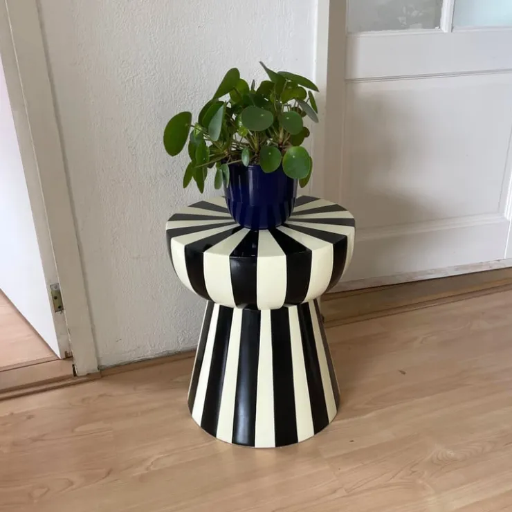 Xenos Bijzettafel stripes - beige/zwart - ø40x45 cm- Bijzettafels