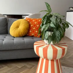 Xenos Bijzettafel stripes - beige/oranje - ø40x45 cm- Bijzettafels