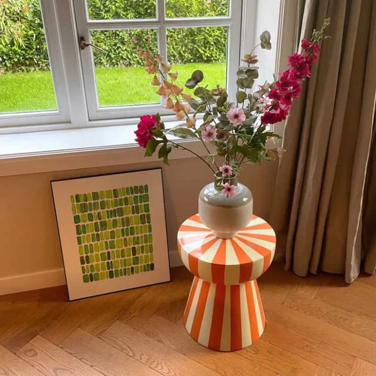 Xenos Bijzettafel stripes - beige/oranje - ø40x45 cm- Bijzettafels