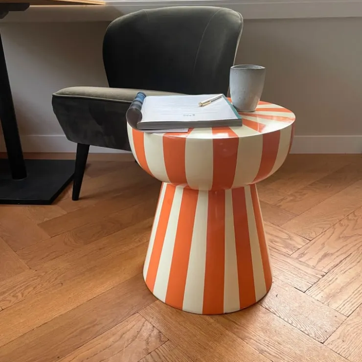 Xenos Bijzettafel stripes - beige/oranje - ø40x45 cm- Bijzettafels