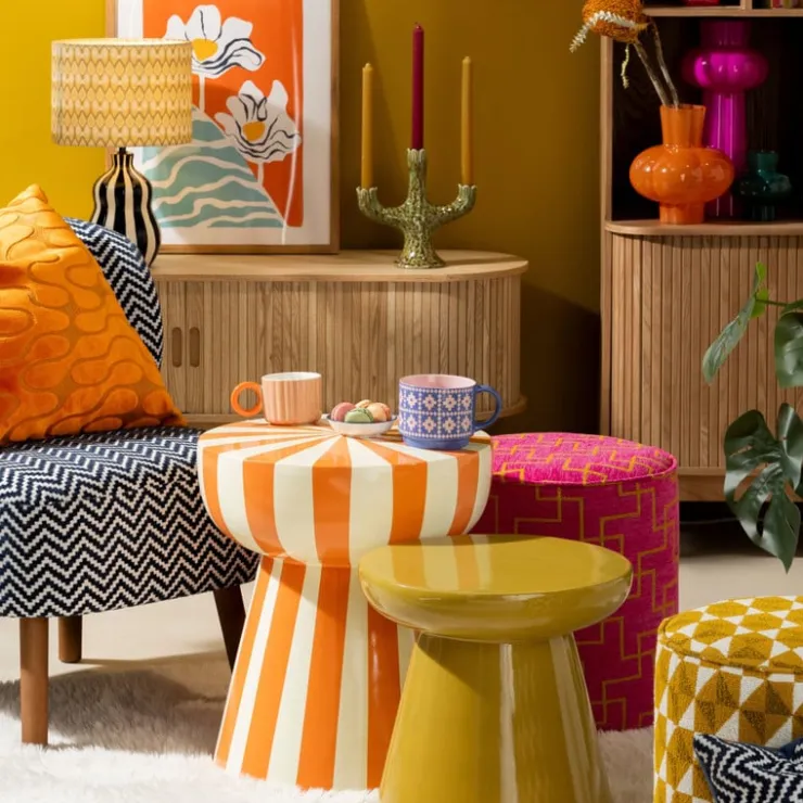 Xenos Bijzettafel stripes - beige/oranje - ø40x45 cm- Bijzettafels