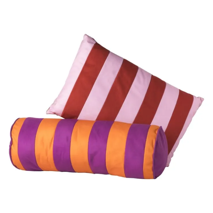 Xenos Bolster kussen met strepen - paars/oranje - ø18x45 cm- Kussens