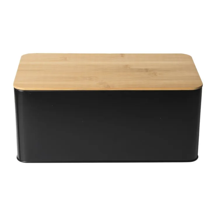 Xenos Broodtrommel met plank - zwart - 31x17x14 cm- Broodtrommels