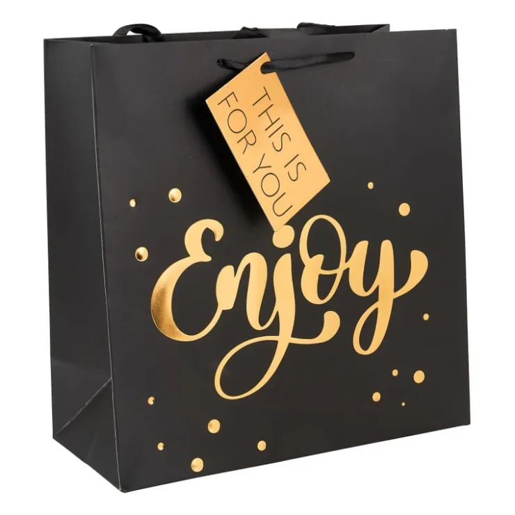 Xenos Cadeautasje enjoy - zwart en goud - 26x27 cm- Cadeautasjes|Kerst Inpakken