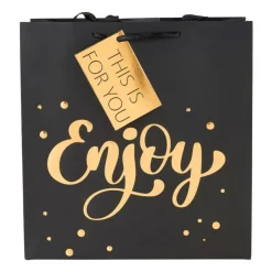 Xenos Cadeautasje enjoy - zwart en goud - 26x27 cm- Cadeautasjes|Kerst Inpakken