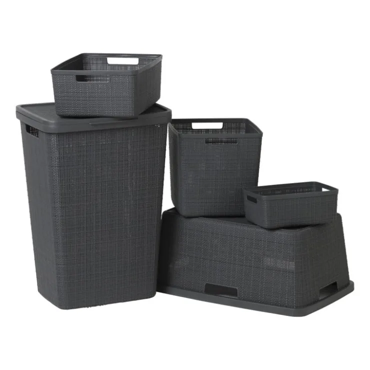 Curver jute wasmand met deksel - 58 liter - grijs- Wasmanden