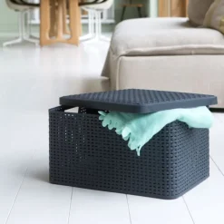 Curver opbergmand met deksel groot - grijs - 23x44x33 cm- Opbergbakken|Opbergboxen