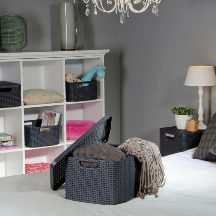 Curver opbergmand met deksel groot - grijs - 23x44x33 cm- Opbergbakken|Opbergboxen