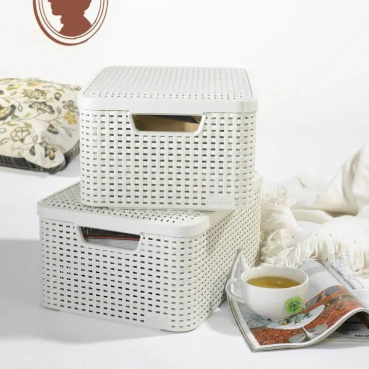 Curver opbergmand met deksel middel - wit - 19x40x29 cm- Opbergboxen|Opbergbakken