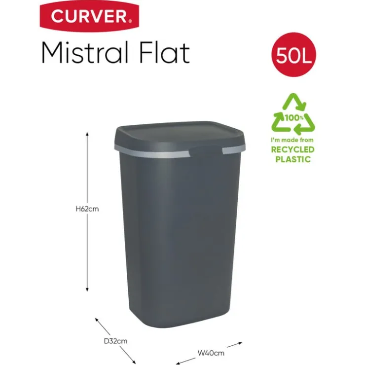Curver prullenbak mistral flat - grijs - 50 liter- Pedaalemmers|Prullenbakken