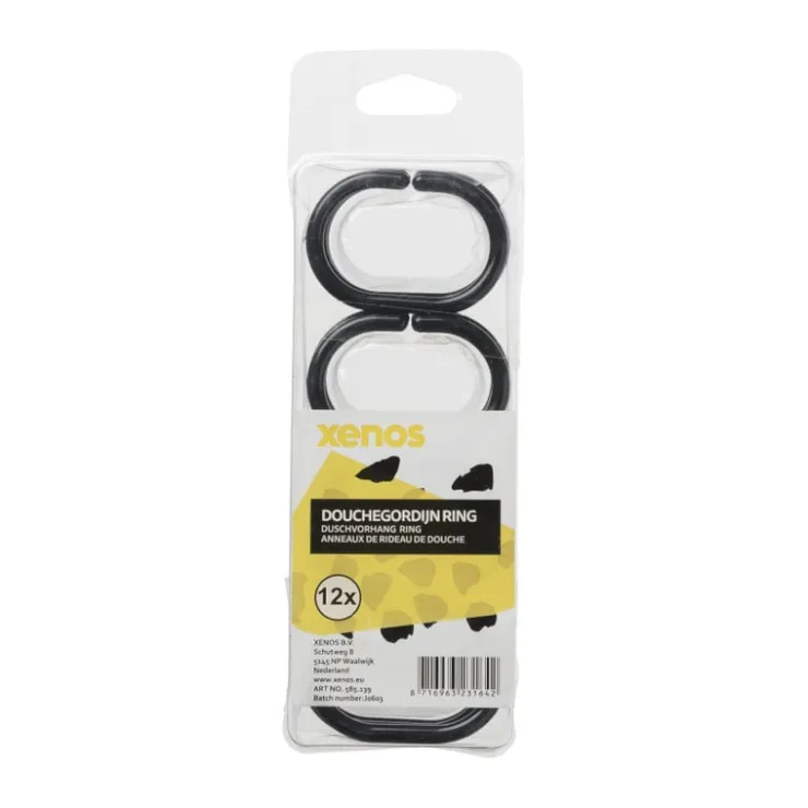 Xenos Douchegordijn ringen - zwart - set van 12- Badkamer Accessoires