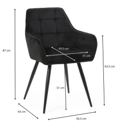 Xenos Eetkamerstoel velvet met armleuning - zwart - 87x56.5x43 cm- Eetkamerstoelen