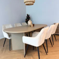 Xenos Eetkamerstoel velvet met armleuning - beige - 87x56.5x43 cm- Eetkamerstoelen