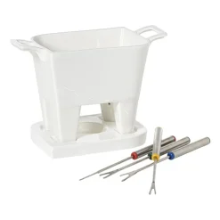 Xenos Fondue set met 4 vorken - wit - 20x12x10.5 cm- Fondue