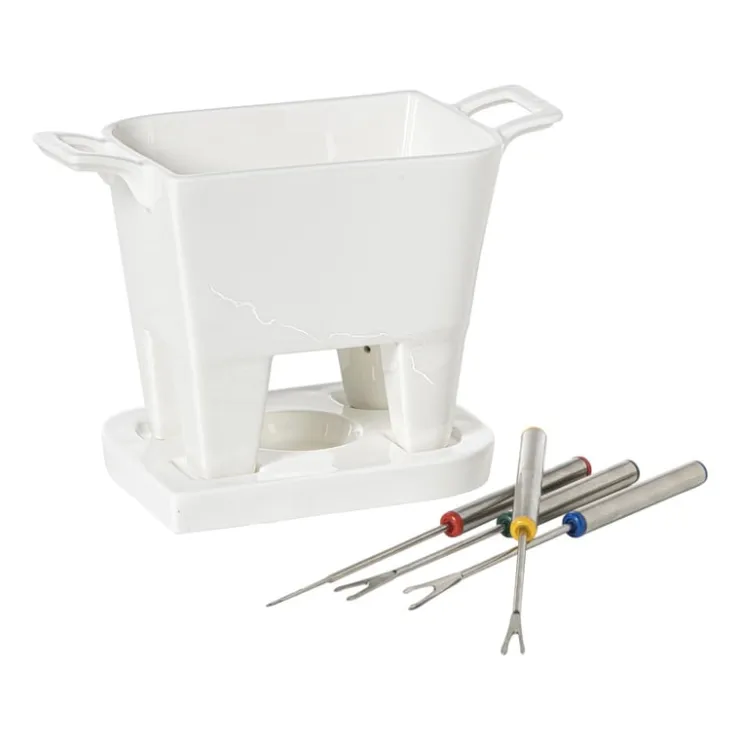 Xenos Fondue set met 4 vorken - wit - 20x12x10.5 cm- Fondue
