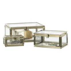 Xenos Glazen doosjes - goudkleurig/transparant - set van 3- Sieraden Opbergen