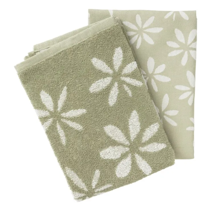 Xenos Handdoek bloemen - groen/wit - 50x50 cm- Thee- En Keukendoeken