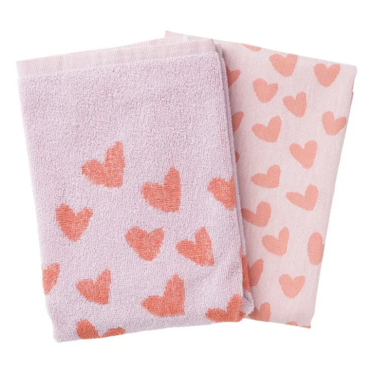 Xenos Handdoek hartjes - lila/koraal - 50x50 cm- Thee- En Keukendoeken
