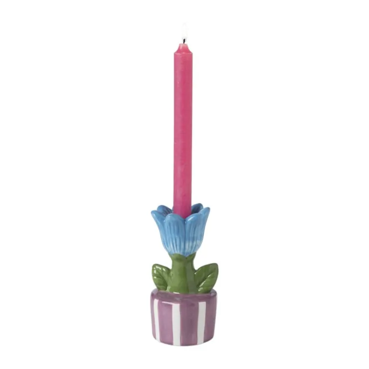 Xenos Kandelaar bloem - blauw/paars - ø8.8x17.4 cm- Kandelaars