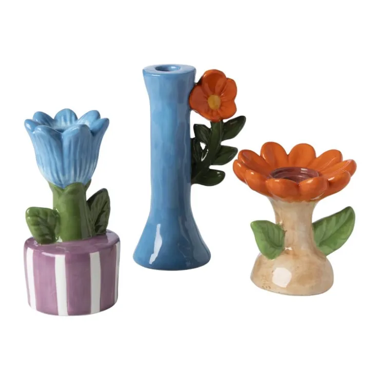 Xenos Kandelaar bloem - blauw/paars - ø8.8x17.4 cm- Kandelaars