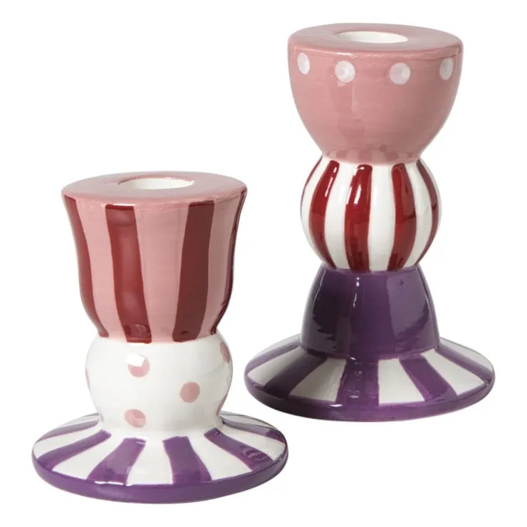 Xenos Kandelaar streep stip laag - multikleur - ø8x9 cm- Kandelaars