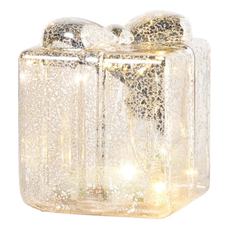 Xenos Kerst glas cadeau met LED lampjes - 10.2x8.8x8.8 cm- Kerstverlichting