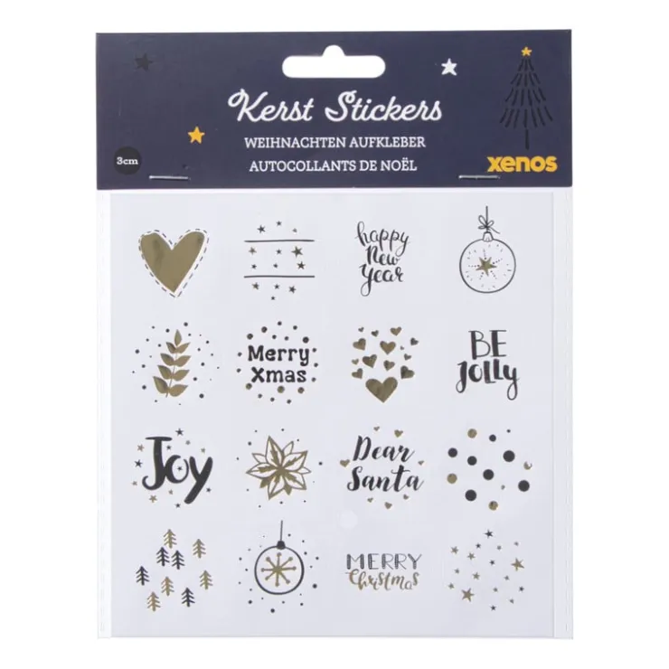 Xenos Kerst stickervel - wit/goud/zwart - set van 12- Stickers|Kerst Inpakken