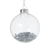 Xenos Kerstbal glas met zilveren glitters - transparant/zilverkleurig- Kerstballen