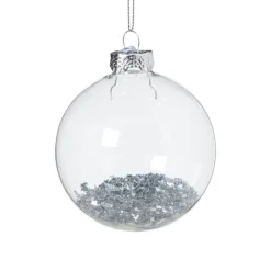 Xenos Kerstbal glas met zilveren glitters - transparant/zilverkleurig- Kerstballen