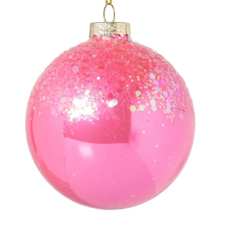 Xenos Kerstbal glitter - roze - ø8 cm- Kerstballen