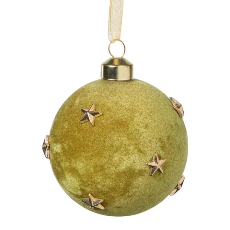 Xenos Kerstbal velvet met sterren - groen/goudkleurig- Kerstballen