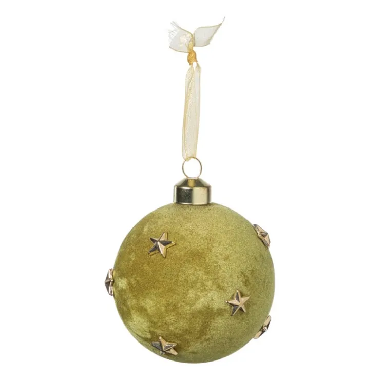 Xenos Kerstbal velvet met sterren - groen/goudkleurig- Kerstballen
