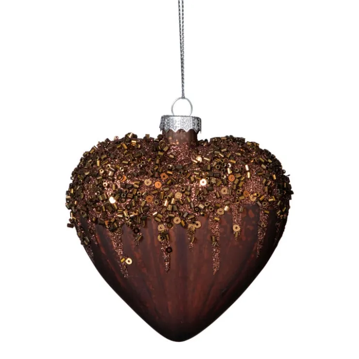 Xenos Kersthanger hart met glitters - bruin - 4x10 cm- Kersthangers|Kerstballen