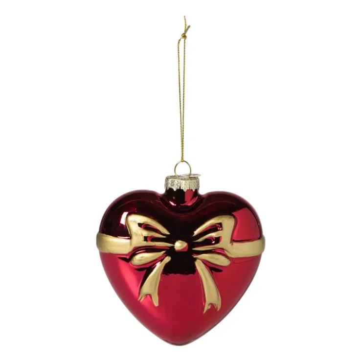 Xenos Kersthanger hart met strik - bordeaux rood - 10.5x10x4.5 cm- Kerstcadeaus|Kersthangers