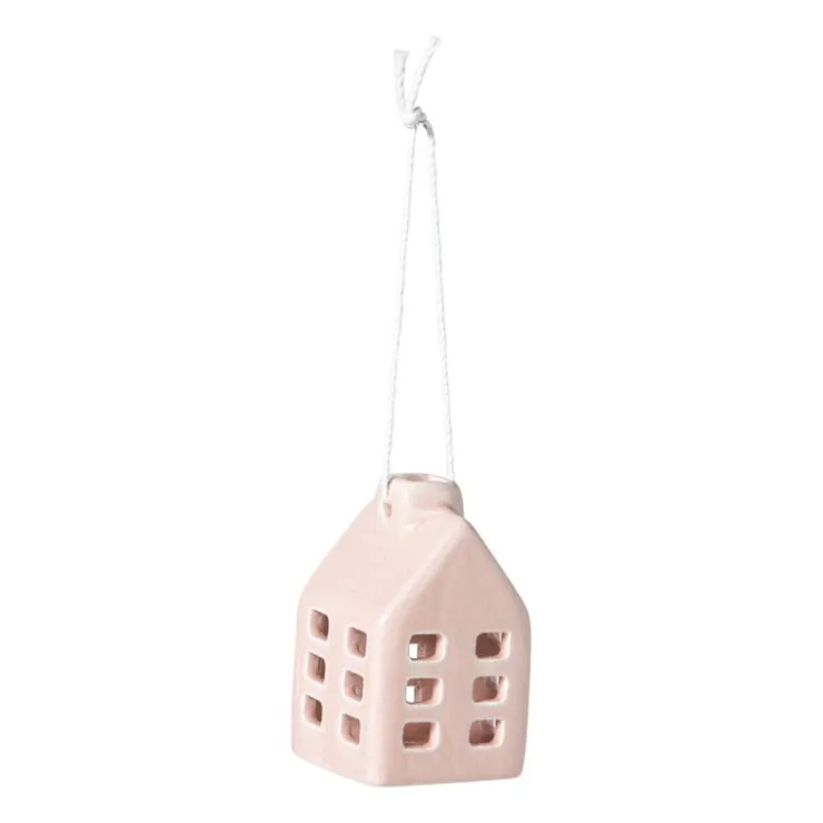 Xenos Kersthanger huisje keramiek - roze - 5.5x3.5x3.5 cm- Kersthangers|Kerstballen