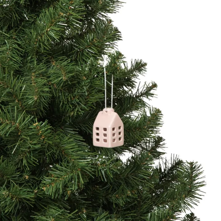 Xenos Kersthanger huisje keramiek - roze - 5.5x3.5x3.5 cm- Kersthangers|Kerstballen