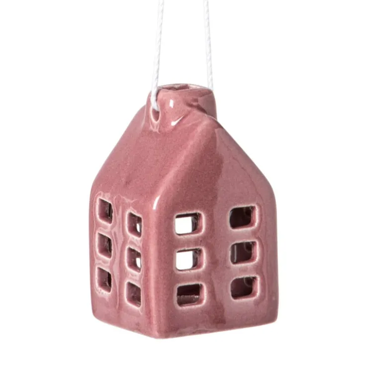Xenos Kersthanger huisje keramiek - donkerpaars - 5.5x3.5x3.5 cm- Kersthangers|Kerstballen