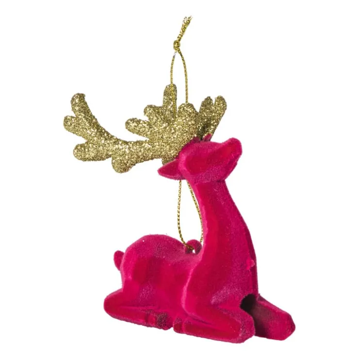 Xenos Kersthanger rendier liggend - roze - 8x9 cm- Kersthangers|Kerstballen