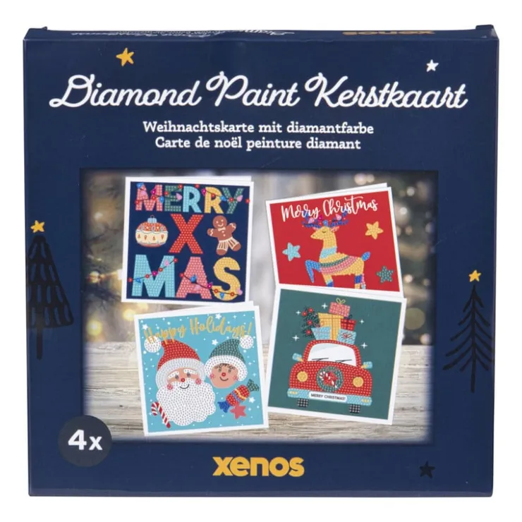 Xenos Kerstkaart diamond painting DIY - set van 4- Kerst Knutselen
